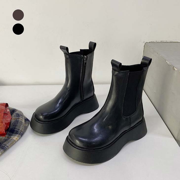 【半額クーポン対象】【秋冬】ラウンドトゥ サイドゴア ショート ブーツ 靴 厚底 PU ファスナー ごつめ かっこいい きれいめ カジュアル ガーリー お洒落 レディース 大人 秋冬 プチプラ 韓国ファッション【ash209-026】【即納：1-5営業日】【送料無料】宅込のサムネイル