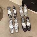 スクエアトゥ パンプス チャンキーヒール ローヒール 装飾 ポインテッドトゥ きれいめ ストラップ ミュール ガーリー シンプル お洒落 レディース 大人 韓国ファッション【k3-8232】【予約販売:15-20日】【送料無料】60込