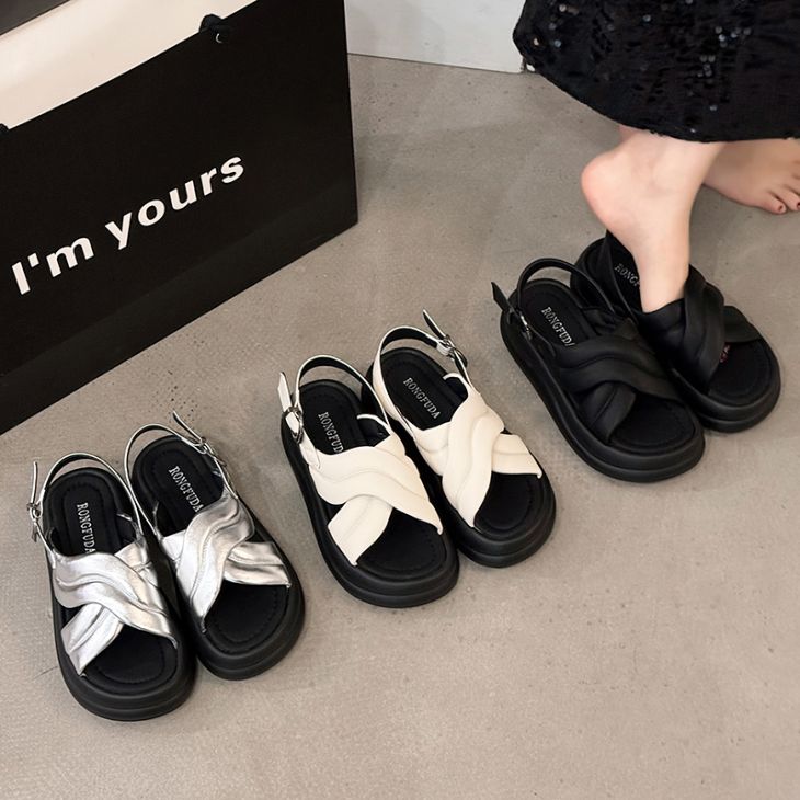 クロスベルト プラットフォーム 厚底サンダル バックストラップ サンダル ミュール スリッパ 履きやすい 痛くない シルバー 海 リゾート ビーチサンダル 韓国ファッション 【ashss24-456】【予約販売：15-20日】【送料無料】宅込