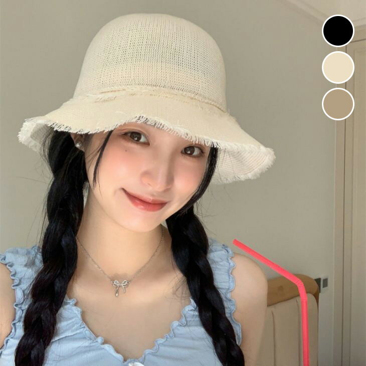 サマー ニット風 フリンジ チューリップ ハット 帽子 無地 デザインハット カジュアル ガーリー 夏 海 ..