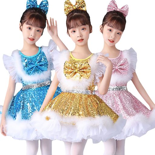 [Bobialo]キッズダンス衣装女の子スパンコールワンピースキラキラ飾り蝶ヘアクリップシフォンダンス服可愛いガールズタッセル子供服韓国演出服応援団練習誕生日普段着ピンク150