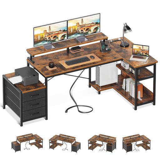 ODKパソコンデスク引き出し3杯付きゲーミングデスクコンセント付きl字デスクデスク机幅184/146*80pcデスク棚付き収納オフィスデスク在宅勤務仕事用組立簡単ビンテージ