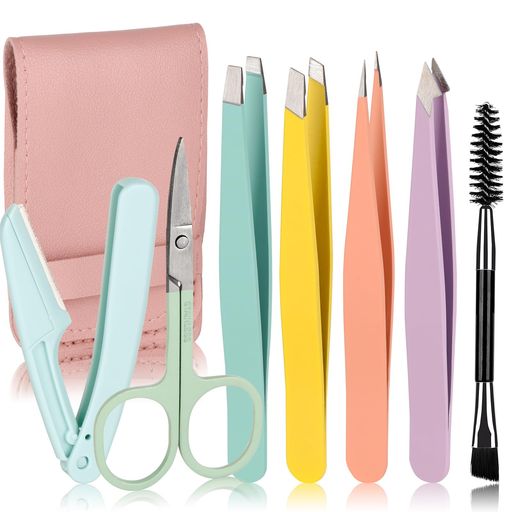 MSQ7PCS女性用顔毛用ピンセット、眉毛用精密ピンセットセット、湾曲したハサミと埋没毛用眉毛カミソリ..