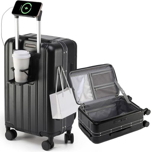 [SKYFLY]スーツケース片開きキャリーケース軽量Sサイズ多機能【キャスター静音360度回転着脱可能】キャリーバッグ耐衝撃アルミフレームカップホルダー付きUSBポートTSAロックファスナータ…