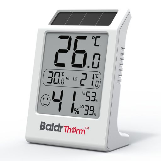 BaldrTherm温湿度計デジタル屋内屋外兼用大画面大文字見やすいソーラー太陽光パネル・電池の二重電源最高最低メモリー高精度省エネ快適度顔表示スタンド壁掛けコンパクトインフルエン…