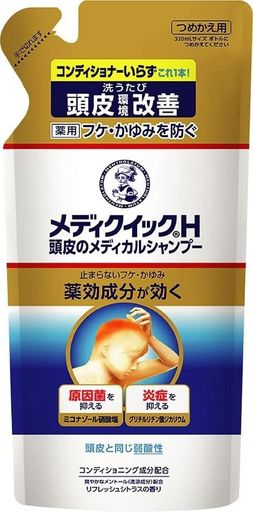 コンディショニング,スムージング,抗炎症 フケ・かゆみの原因菌の増殖を抑える抗真菌成分(ミコナゾール硝酸塩)と、抗炎症成分(グリチルリチン酸ジカリウム)を配合した薬用シャンプー。 頭皮のかゆみやフケが気になる方におすすめです。これ1本でも髪の毛がきしみにくい、コンディショニング成分配合。 さっぱりした洗い心地で、リフレッシュシトラスの香りです。弱酸性・ノンシリコン処方。 ブラント名: メディクイックH メーカー名: ロート製薬
