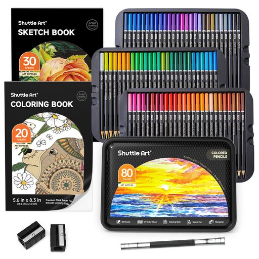 ShuttleArt色鉛筆80色セット油性色鉛筆大人の塗り絵スケッチブック鉛筆削りイラストデザインデッサン落書き缶入収納便利子供用初心者アーティスト入学お祝いプレゼント