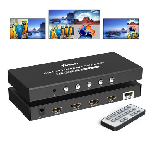 【4K対応マルチビューワー】Yinker 4K HDMIマルチビューワ4x1は、4つの入力ソースと1 HDMI出力スクリーン(モニタ、プロジェクタ、テレビなど)に表示することができます。 【多彩な表示モード対応】HDMI画面分割器4x1は、4つの表示モードをサポートしています: 単一モード/クワッドモード/PBPモード/デュアルモード。表示モードによって音声出力が変わりますので、下記の詳細情報をお読みください。 【便利な切替方法と長距離操作対応】4K HDMIシームレススイッチは、2つの切り替え方法をサポートしています: パネルボタンを押すだけで、IRリモコンで簡単に操作できます。15mの接続距離と4.5mのIRリモートスイッチをサポートしています。 【高解像度対応マルチビューワー】4入力 1出力 HDMIマルチビューワーは、1080P@60Hz、720P、1080i、1024x768、1360x768 にも対応し、4K@30Hz までの解像度をサポートします。HDMI1.4およびHDCP1.4に対応しています。