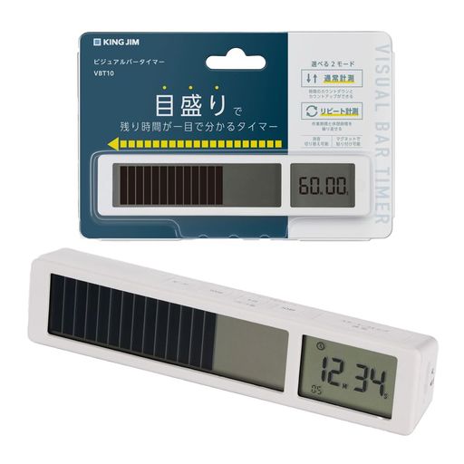 表示方法:液晶デジタル/タイマー桁数:4桁/目盛り個数:20個/【タイマー】(通常計測)カウントダウン:最大計測時間99分50秒、カウントアップ:最大計測時間99分59秒(リピート計測)カウントダウン:最大計測時間99分50秒、リピート数(作業時間)最大99回/(休憩時間)最大98回/【アラーム作動時間(※消音切り替え可能)】(通常計測)約10秒、(リピート計測)計測切り替わり時:約3秒・・計測完了時:約10秒/電源:単4形アルカリ乾電池x2本(別売)/電池寿命:約2年間(1日10秒x3回アラーム作動時)※使用状況により異なります/動作環境:温度5~35°C 湿度30~80%(非結露)/外寸:約132(W)x21(D)x29(H)mm/質量:約56g(乾電池を含まず)/セット内容:VBT10 本体/ 取扱説明書(保証書付)/屋内専用です。屋外で使用しないでください。/防水・防塵仕様ではありません。/本製品は日本国内専用です。This product is for use only in Japan./直接日光の当たる場所や、高温・多湿の場所での使用または保管はしないでください。