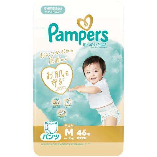 【おむつかぶれの原因*からお肌を守る】*肌表面の余剰水分のこと 【ふわもちの極上肌ざわり】 【ワセリン配合シート】赤ちゃんのお肌を包む表面シートをなめらかにし、お肌とおむつの摩擦を防ぎます。 便利なおしっこお知らせラインがついています。※湿度の高い条件では使用前でも色が変わることがありますが、青色がおしっこを知らせるサインです。また、ぬれた状態で長時間経過すると、おしっこお知らせラインの色が吸収体に広がり、ラインが薄くみえることがあります。いずれの場合も、品質には問題ありません。日光の影響でおしっこのお知らせラインの色が変わりにくくなることがありますので、直射日光の当たらないところに保管してください。 乳幼児用パンツ紙オムツMたっち(6~12kg)