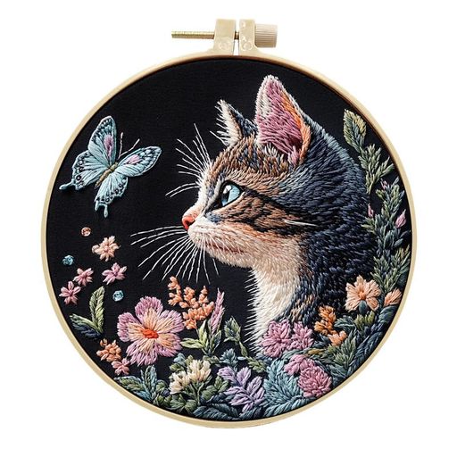 artcici刺繍キット初心者向けのカラフルな動物の花のパターン大人、フルレンジ刺繍スターターキットクロスステッチニードルワーク用品(猫のバタフライ)