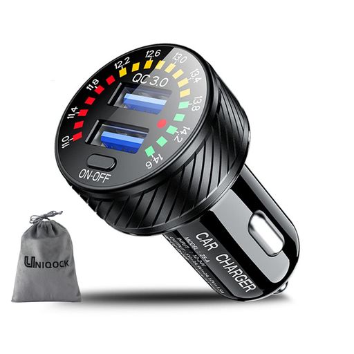 UNIQOCKQuickCharge3.0車載充電器、二重QC3.0ポートUSB車用充電アダプター、36W高速充電iP自動車充電器USB-Cカラフルな電圧計とオン/オフスイッチ付きiP13/12/11Pro/Max/8、Galaxy