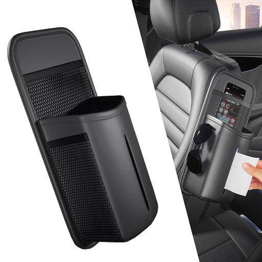 Rakuten - Yousimei車用ティッシュケースPUレザーヘッドレスト取付テッシュホルダー車テッシュボックス多機能収納ボックスメッシュポケット付きドリンクホルダーブラック33x15x7cm