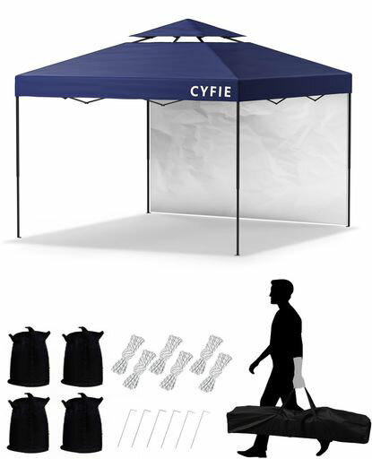 CYFIEタープテントワンタッチ3mx3mサイドシート1枚付きワンタッチUVカット耐水スチール製キャンプワン..