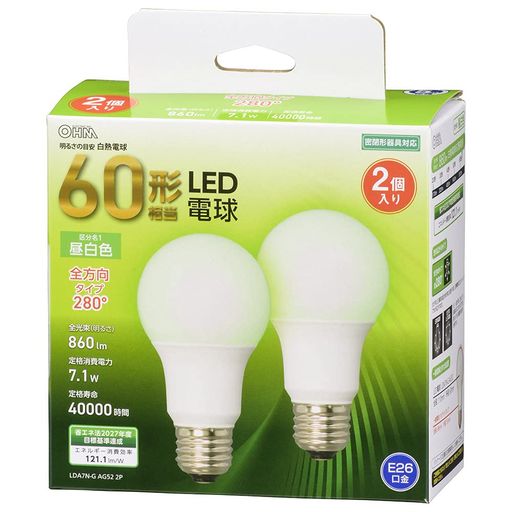 乐天商城 - オーム(OHM)LED電球E2660形相当昼白色全方向2個入オーム電機LDA7N-GAG522P06-4708