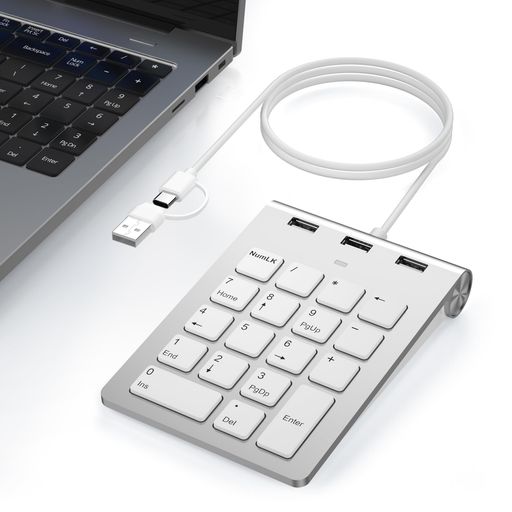 【デュアルポートテンキー &amp; USBハブ】USB-CとUSB-Aの両端子を搭載し、MacBookやSurface Pro、従来のPCまでアダプターなしで接続可能な万能テンキーです。本体に3ポートのUSB 2.0ハブを内蔵しており、マウスやUSBメモリなどを直接接続でき、デスク周りをすっきり整理できます。 【プラグ&amp;プレイでノートPCの生産性を向上】ノートパソコン向けのテンキーとして、3つのUSB 2.0ポートを拡張。マウスやフラッシュドライブを直接つなげるため、ケーブルの煩わしさを軽減します。ドライバ不要で、接続後すぐに使用できる手軽さが魅力です。 【疲れにくいエルゴノミクスデザイン】15°の傾斜設計と応答性に優れたシザースイッチキーが、自然な手首の姿勢をサポート。長時間のデータ入力でも正確かつ静かなタイピングを実現します。経理・会計、プログラミング、表計算作業に最適です。 【ドライバ不要・幅広い互換性】Windows、Chrome OS、Linux、macOSに対応し、面倒なインストールは一切不要。