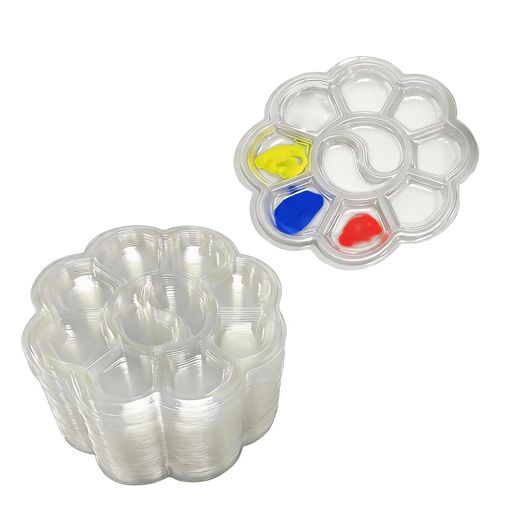 【使い捨てで後片付けが簡単|洗浄不要】使用後はそのまま捨てるだけでご使用いただけます。従来のパレットのように洗う手間がかからず、片付けの手間を軽減します。水彩絵の具やアクリル絵の具を気軽に使いたい方や、お子様の絵画・工作にも便利な使い捨てパレットです。 【透明プラスチック素材|色の確認がしやすい】透明なプラスチック製で、絵の具本来の色味や濃淡を確認しながら調色できます。下に白い紙などを敷くことで、より正確な色調チェックが可能。水彩・アクリルなど幅広い画材に対応します。 【10ウェル設計|色分けしやすい花びら型】花びら型デザインで、10個の独立した調色スペースを確保。複数の色を同時に分けて使えるため、色が混ざりにくく整理しやすい設計です。少量ずつ使いたい細かい作業やレジン・ネイル用途にも適しています。 【軽量・コンパクト|持ち運び&amp;収納便利】直径約13cmのコンパクトサイズで、薄型・軽量設計。重ねて収納できるため省スペースで保管可能です。屋外スケッチや美術教室、ワークショップなど、持ち運びにも便利な調色パレットです。