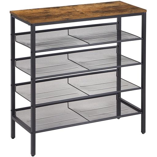 YMYNYシューズラック5段メッシュ棚調整可能靴棚下駄箱省スペースオープンラック16足用大容量通気木製天..