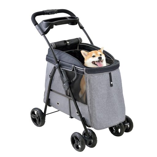GEXジェックスわんわんカート中型犬用ライトグレーペット用カート乗り降りラクラク通気性ドリンクホルダー付き耐荷重25kg以下犬用