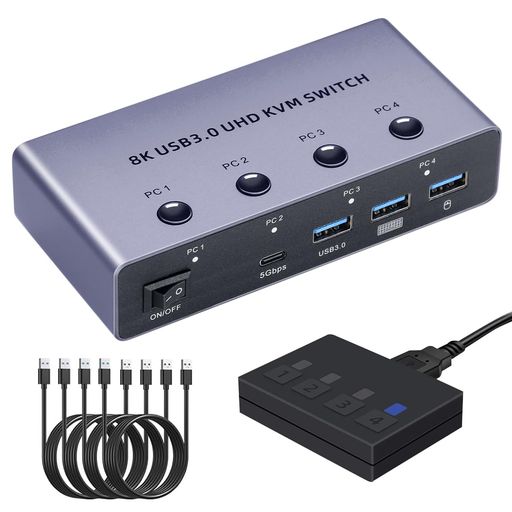 BLUPOW 8K@60Hz KVMスイッチ 4入力1出力 USBキーボード・マウス・モニターを共有 HDMI パソコン切替器(PC4台用) 4K@120hz HDCP2.3対応 手元スイッチ/USBケーブル付き VA580N