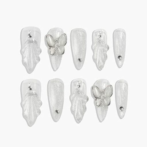 SUN&BEAM NAILS 手作り ネイルチップ ミディアム ロング アーモンド シルバー ホワイト つけ爪 マーメイド 蝶デザイン おしゃれ 付け爪 10枚入 (#020 XS)