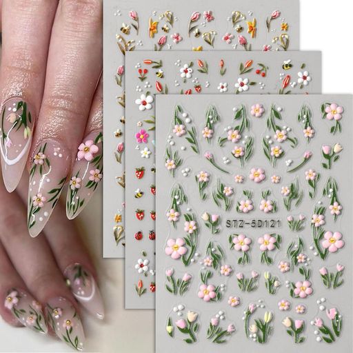 Matomtak ネイルステッカー 花 立体感 ネイルシール ワイルドフラワー イチゴ ミツバチ テントウムシ ネイルアートステッカー エンボス加工 自己粘着ネイルパーツ シール 人気 DIY ネイルデ…