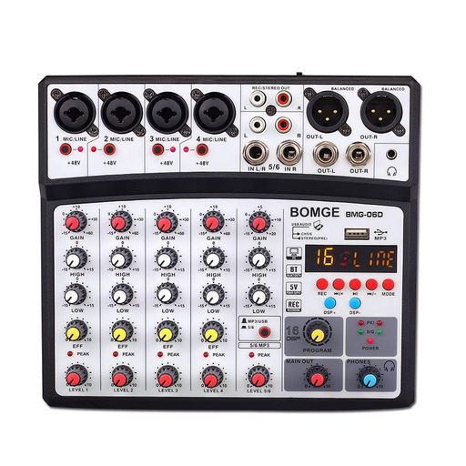 1.DSPエフェクト機能BomgeProfessional6-チャンネルミキサーは、あなたの音楽のためにより多くの可能性をつくって、あなたの音にいろいろな変化をもたらします内蔵16の反響/遅れ音効果プロセッサーを備えています。例えば、生放送やダビング記録中の音声の変更に使用される。 2.複数のオーディオ入力モード専門の6-チャンネル・オーディオミキサー(MICとステレオ回線入力)を含む:4つのモノラル入力は、XLR(48Vの幻の力でアンバランスな1/4インチのプラグ)を支持します、1つのステレオ、6.3mmのXLR、USB、ブルートゥース入力、異なる装置を接続するためのRCAソケット。 3.オーディオはPC/Uディスク/携帯電話に録音することができますサウンドミキサーは、サウンドカードやオーディオインターフェイスでは、このDJサウンドコントローラからの超低ノイズ音を記録するために使用されているのは、PC、Uディスク、携帯電話や他のデバイスにbulsesしています。それはビルトイン記録制御をして、USBとRCAポートでオーディオを出力することができます。