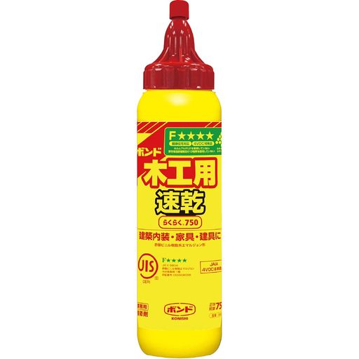 木工 個装形態:ボトル 性状:酢酸ビニル樹脂系エマルジョン形 標準使用量(塗布量):150~200g/m2 速く乾く(一般木工用の約2倍)、乾くとほぼ透明。 健康住宅対応:ホルムアルデヒドを使用していない、より安全性の高い木工用接着剤。