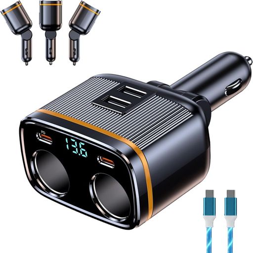シガーソケット6in1増設【145W高速充電】YEEKAATOS車載充電器|回転調節可能スマートデジタル電圧表示|過熱保護温度制御|iPhone1615/Android対応|12V-24V車/トラック/SUV用(しがーソケット拡張ポートx2