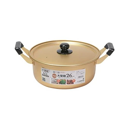 製品サイズ:(約)全長39x幅29x高さ16cm、鍋の深さ:(約)10.5cm 製品重量:(約)0.51kg 素材・材質:本体/アルミニウム合金(底の厚さ0.7mm)、蓋/アルミニウム合金、取っ手・つまみ・つまみの座板/フェノール樹脂(耐熱温度150度) 寸法:26cm、満水容量:5.9L 生産国:中国、※ガス火専用