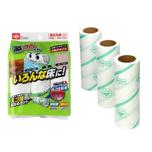 サイズ:16x6x6cm 内容量:3本入 カーペットはもちろん、フローリングや畳、ビニール床にも使えるマルチタイプ。 イライラ解消。テープをスパっと切れるスゴ技ななめカットで、途中で破れにくく1発でカットできる。 「うまく切れない」「めくり口が見つからない」そんな不満を解消したカーペットクリーナー。 カーペットの凹凸に入り込む、スジ塗り強粘着タイプ。 めくり口がわかりやすいめくり側お知らせ矢印:と切れ端まるわかりライン:が印刷されている。 転がす方向がわかりやすい回転方向矢印マーク:付き。 各社共通サイズ。