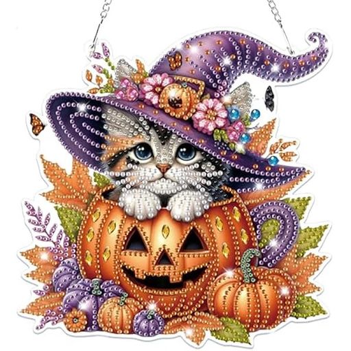 ハロウィンダイヤモンドアートキットおばけカボチャ魔女デザイン全面貼り付けキャンバス初心者でも簡単DIY手作りインテリア贈り物装飾花輪を掛けたドアや窓の壁の入口装飾(魔女猫)