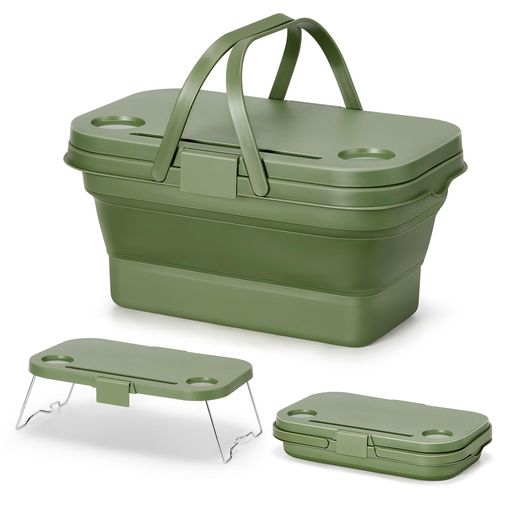 WildVentureXピクニックバスケット折り畳み蓋付きかごキャンプ収納ボックス大容量バケツ洗える・防水手提げテーブル付折りたたみバケツ洗濯かご防災ピクニックアウトドア運動会バーベキ…