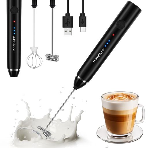 Philorn【1本多役】ミルクフォーマーUSB充電式3段階調節電動ミルク泡立て器回転数23000rpm超軽量200gハ..