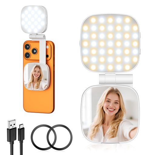 自撮りライト[USB充電式+磁気吸引]Diyife携帯電話用セルフィーライト、LED磁気リングライト、6色モード無段階調光小型クリップ式リングライト、360°回転式化粧鏡付き高輝度45LED自撮りオン…