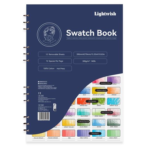 LIGHTWISH プレミアム水彩色見本ブック - 100% コットン製 300GSM 細目紙 取り外し可能シート 12 枚(72 色スペース付)、391x269MM、水彩・ガッシュ・油性パステル用 - スパイラルバインド式 カラー…