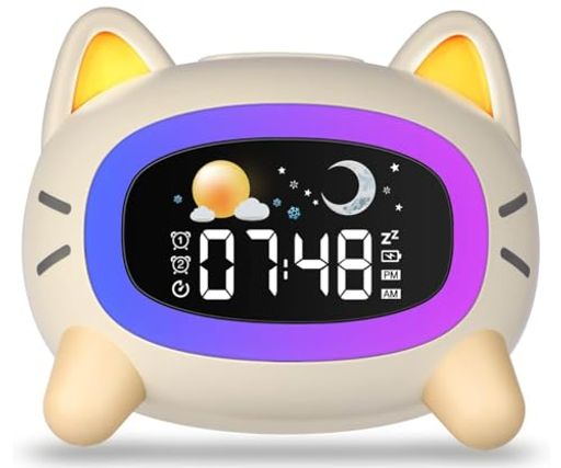GePavinDa子供目覚まし時計子どもめざまし時計こどもめざましとけいキッズ用置き時計学生時計猫の形睡眠訓練時計音声制御ナイトライトスヌーズ機能付きusb充電式日本語説明書付(オフホ…のサムネイル