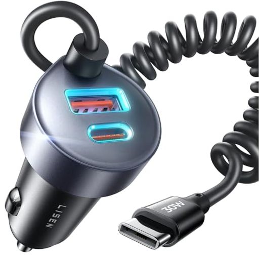 LISEN車載充電器シガーソケットusb-cしがーソケットusb65W+30WCケーブル【PD35W急速充電・3in1業界最小設計】1.2m巻き取りケーブルで後部座席も充電すっきり整理PD3.1/QC3.0/PPS対応