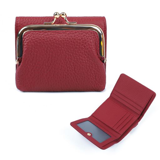 [imeetu]がま口財布本革レディース三つ折り財布旅行財布大容量スキミング防止小銭入れ付き牛本革軽量多機能コンパクトRFIDカジュアル(レッド)