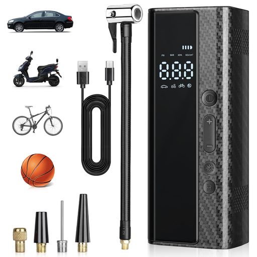 電動空気入れ車自転車バイク用USB充電式エアーコンプレッサー最大圧力150PSILEDライト/SOSモード搭載仏..