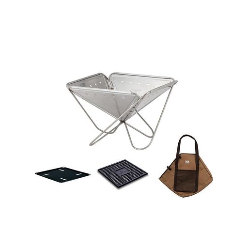 セット内容(焚火台M/焚火台ベースプレート/炭床ProM/焚火台Mコンプリート収納ケース) タフなステンレス素材を採用。 オプションで3サイズそれぞれにグリルブリッジを用意。 ネットやプレートで調理を楽しめる。 未使用時(収納時)にはぺしゃんこに折り畳め、保管・携行時に場所をとらない。