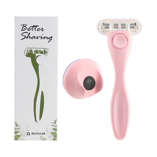 AioBosカミソリ剃刀女性用レディース敏感肌用デリケートゾーン用亜鉛合金本体ボディシェーバー楕円形替刃カミソリホルダー付き(ピンク)