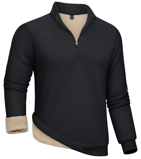 [KEFITEVD]トレーナーメンズ冬ハーフジップランニングウェアスウェットシャツ裏起毛ハイネック長袖パーカー厚手裏ボア防寒ゴルフウェア暖かい作業着黒ブラックXL