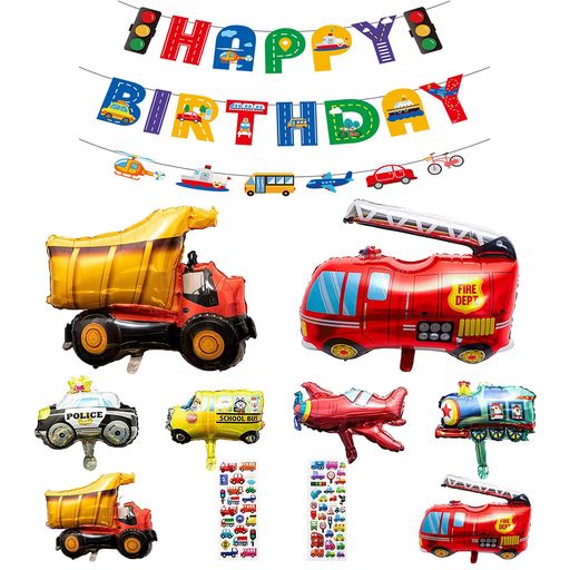 誕生日車飾り付けシンプルパーティーセット大きな3D車バルーンセットHappyBirthdayバースデーバナー交通バナーパトカーアルミ風船スクールバスアルミ風船