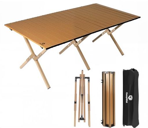 Campwildアウトドアテーブルウッドロールトップテーブル折りたたみコンパクト収納簡単組立収納バッグ付..