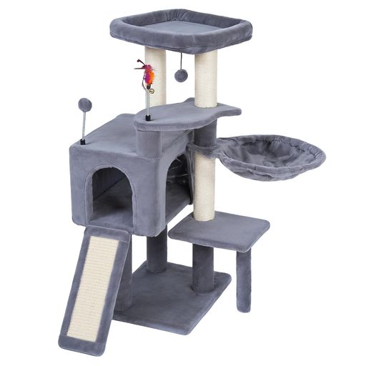 YOUPETSER 93cm キャットタワー、多機能、ハンモック付き、猫タワー、猫ハウス、天然のジュート、 据え置き、省スペース、爪とぎ 運動不足解消、グレー