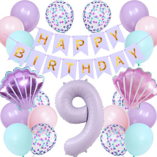 Lausatek バルーン 誕生日 9歳 風船セット HAPPY BIRTHDAY バースデー ガーランド バースデー 飾り付け 数字9 シェル 装飾 お祝い イベント 子ども 男の子 女の子 パープル