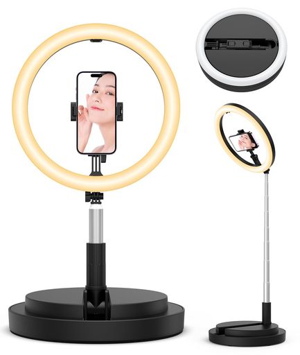 LEDリングライト 折りたたみ一体式 【アップグレード版】 SUNNILA 卓上地面両用 リングライト 撮影用 自撮り用 配信用ライト 俯瞰撮影対応 11.4インチ 3色モード 10段階調光 卓上スタンド USB給電式