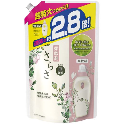 スムージング 柔軟剤さらさは着色料が無添加。植物由来の厳選成分配合*。心地よい洗い上がり(*柔軟成分の一部が植物由来) 皮膚科医監修のもと、肌テスト済み*。肌に優しい。(*全ての人の肌に影響がないわけではありません) ふわふわに仕上げるだけでなく、衣類をしっかり防臭。 ママが選ぶ無添加柔軟剤銘柄No. 1*(*2016年GfK調べ(N=300)「お母さんが選ぶ、赤ちゃんのための日本の無添加柔軟剤No.1」という質問に対して) すすぎ1回OK、洗剤残りの心配なし。ピュアソープの香り 原産国 : 日本 内容量:1250ml、タイプ:詰替