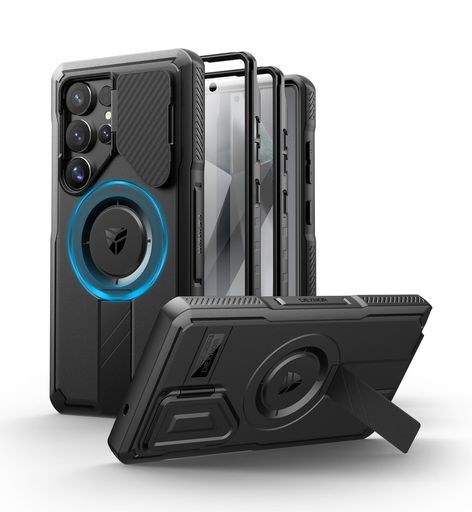 Rakuten - DexnorSamsungGalaxyS25Ultra用ケースカメラカバー&調整可能キックスタンド&内蔵スクリーンプロテクターマグネット式耐衝撃バンパーケース軍用級頑丈防護カバー(ブラック)
